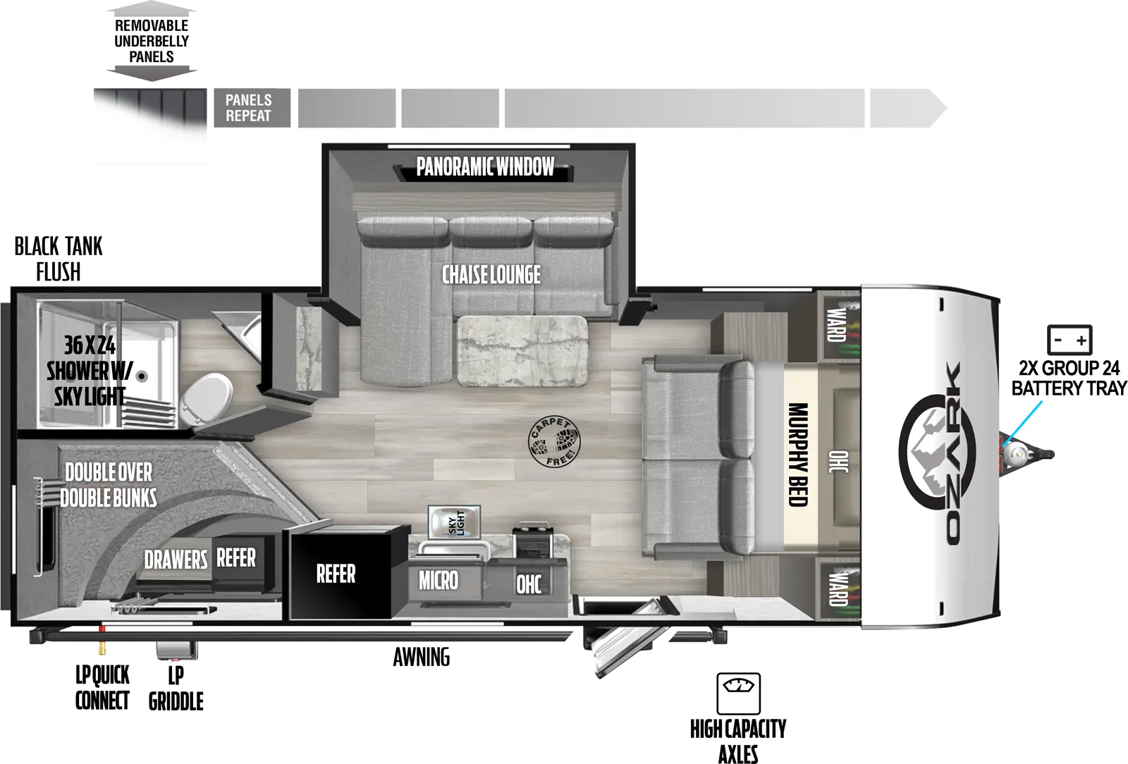 The 1680BSK has one slideout and one entry. Exterior features include removeable underbelly panels, solar extended 200 watt power package, outside kitchen, quick drop stabilizer jacks, awning, and high capacity axles. Interior layout front to back: Murphy bed sofa with overhead cabinets and wardrobes on each side; entry door; door side kitchen with overhead cabinet, cooktop, microwave, sink, dual swinging 12 volt refrigerator, and skylight; carpet free; off-door side slideout with panoramic window and dinette; rear door side double over double bunks; rear off-door side bathroom with shower with skylight.